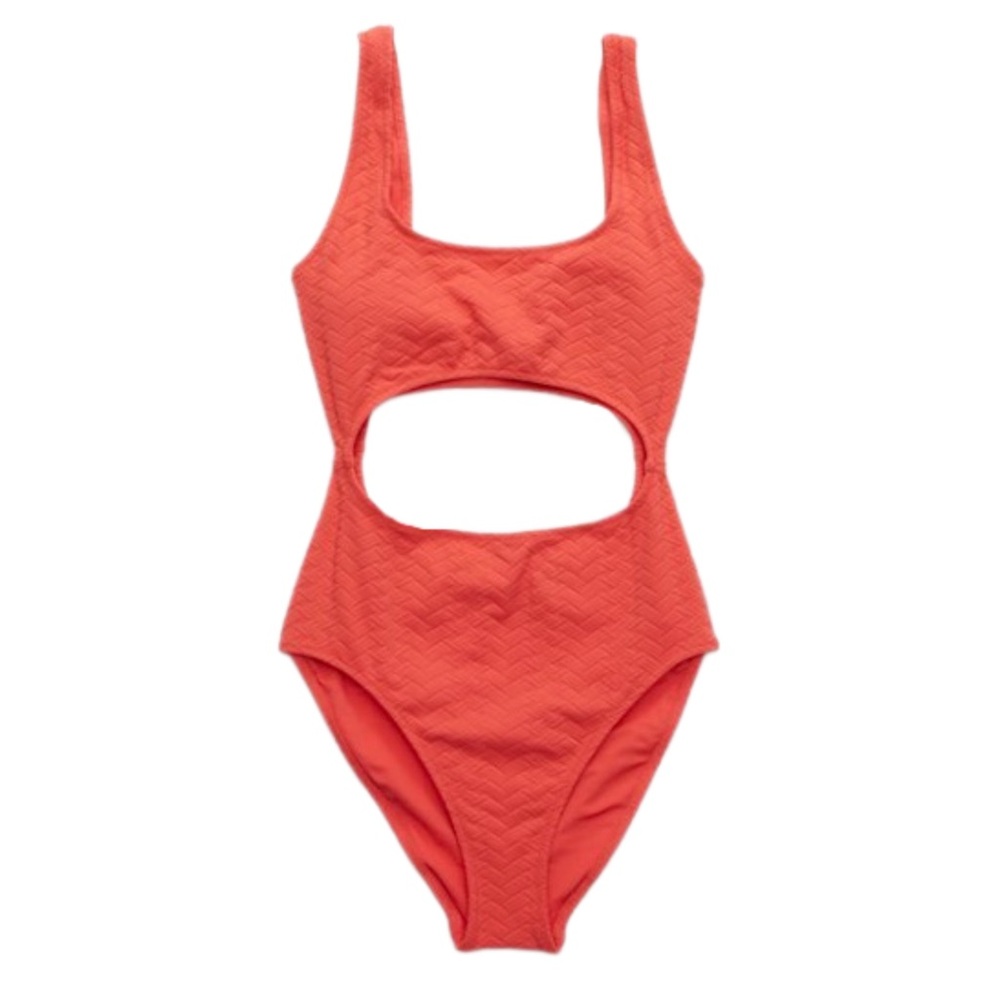 Aerie Women’s Swim One Piece Cutout Scoop Neck Jacquard NWT Calypso Red XXL long